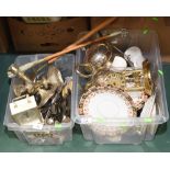 Two boxes containing bamboo and other handled shoe horns,  a pair of silver plated candlesticks,
