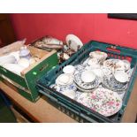 Three boxes inc. Masons Visa pattern plates, composition figures, Staffordshire teawares etc