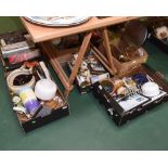 Four boxes inc. etched glass light shades, novelty ash trays, Sylvac Faun ware, 19th century tea pot