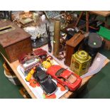 Two trays inc. Corgi and other model vehicles, military shell casing, vintage cameras and binoculars