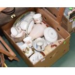 A box containing two Victorian painted glass vases, Coalport tea service, Royal Windsor mug