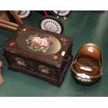 Two 19th century brass helmet form coal scuttles; tog. with a painted wooden  box