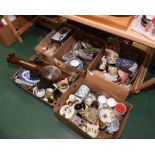 Five boxes inc. a wheel barometer, a Kingsley pottery jug, silver plate flatware, Royal Doulton