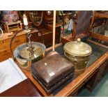 Two brass jam pans, copper posser, brass coal bucket and a 19th century stool, tog. with a gilt