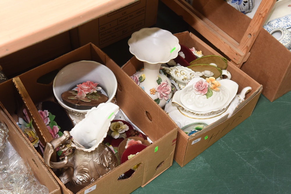 Two boxes of capodimonte floral encrusted wares inc. large ewer, a vase, tureen and cover, wall