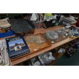 Two trays inc. glass plate and dishes and four volumes of Geographical interest