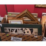 A box of assorted framed articles inc. watercolours, prints, gilt frames etc.