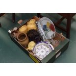A box of pottery and glass etc