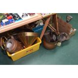 A box containing a large quantity of copper and brass, tog. with a 19th Century copper helmet form