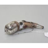 A striking 19th century agate-mounted horn caster, mounted in white metal the pierced cover with