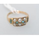 A 15ct gold turquoise and seed pearl ring, the turquoise beads and seed pearls in a plaque setting