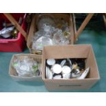 Three boxes of cut and pressed glass inc. decanters, drinking glasses etc