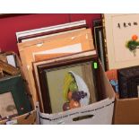 A box of framed articles inc. still life's, watercolours etc.