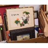 A box of framed articles inc. seascapes, Chinese silk works etc.