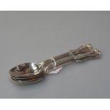 A set of four Victorian silver dessert spoons, Queens pattern, George Adams, London 1850, 6.4 troy