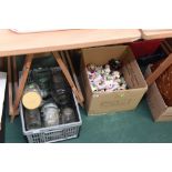 Two boxes inc. floral and encrusted wares, storage jars etc
