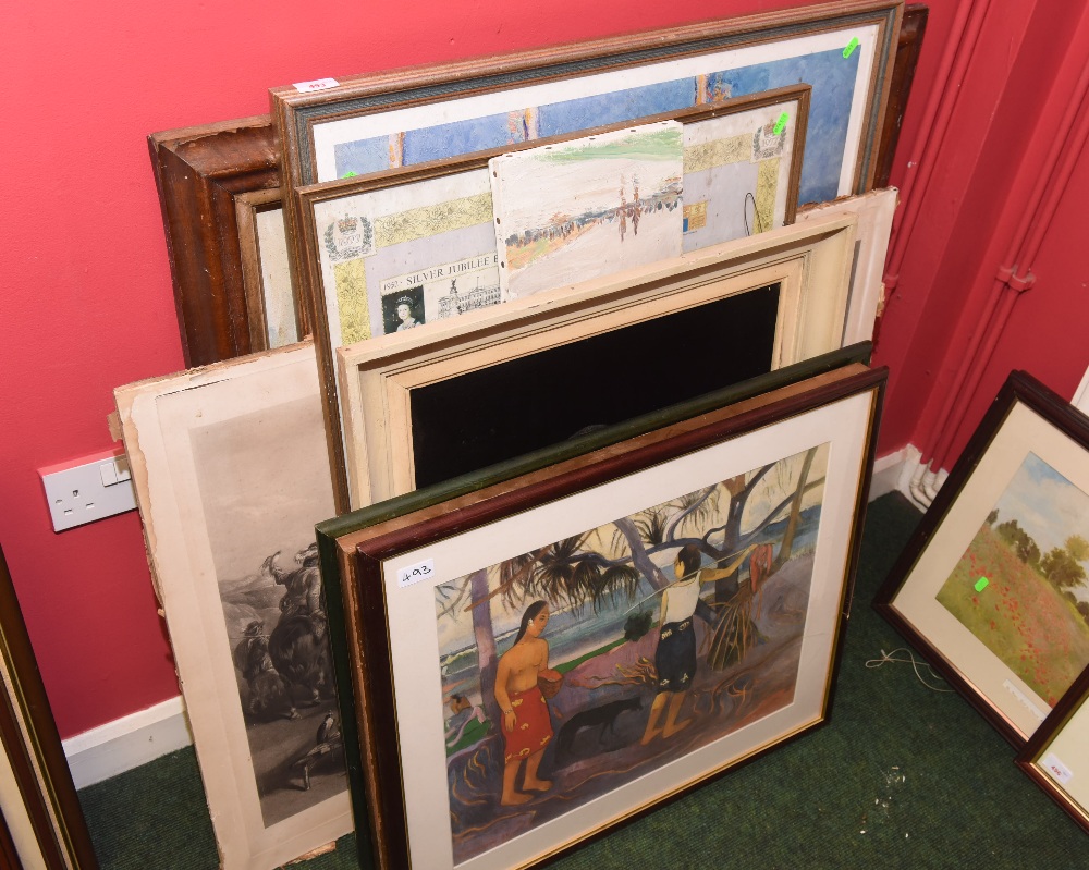 A group of framed articles including prints after Gaugin, amateur oils etc
