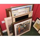 A group of framed articles including prints after Gaugin, amateur oils etc