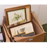 A box of framed articles inc. prints, wool works etc.