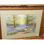 English School, Girls Amongst Bluebells, watercolour, in a gilt frame