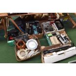 Six boxes inc. a quantity of vintage photographic equipment, cased binoculars, a group of slide