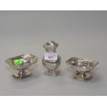 A matched pair of George V silver salts tog with a silver plated pepperette, Birmingham 1912,