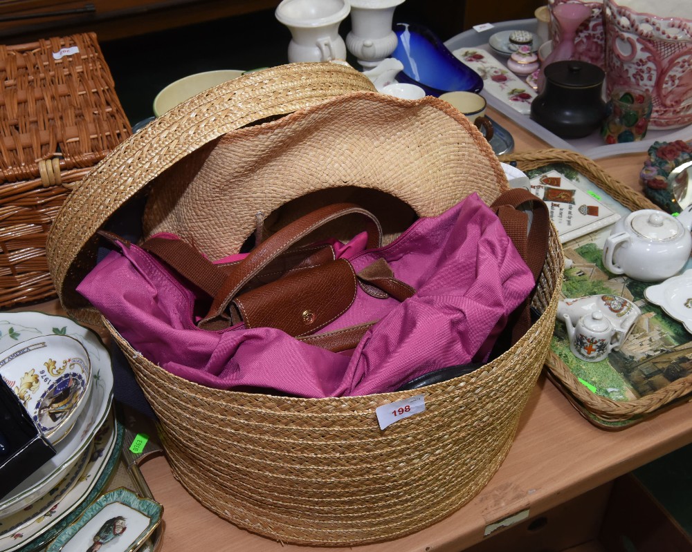 A basket containing hats and bags