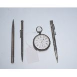 A Victorian silver pocket watch, London 1885, tog. with three silver propelling pencils (4)