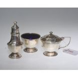 A Mappin & Webb three piece condiment set comprising: mustard; salt and pepper, the mustard and salt