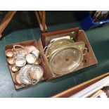 Two boxes inc. silver plate trays, Indian Tree pattern tea wares