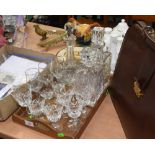 A tray of glass inc. a set of six Stuart goblets, a set of six wrythen stemmed glasses, three cut