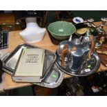 A group of Picquot ware and white metal trays; tog. with a book