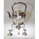 A late 19th century silver plated spirit kettle on stand; together with a pair of silver dwarf