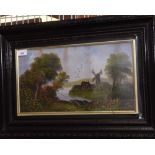 A 19th century oil of a river scene with a windmill in the background