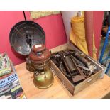 A box of tools, tog. with a tilly lamp and an oil lamp