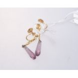A pair of gold mounted amethyst coloured stone drop earrings, screw back fittings