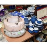 A tray inc. a modern Denby tea service; tog. with two 1930s glass light shades