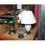 An early 20th century style green glass and brass desk lamp, tog. with two Laura Ashley lamps, one