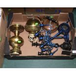 A box inc. candelabra, copper kettle, oil lamps etc
