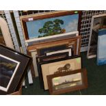 A group of framed etchings, coloured prints, amateur oils and watercolours, and photograph of S.S.