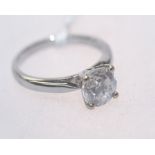 A single stone diamond ring, four claw set mounted on 18ct white gold. Diamond 2.02ct. GSII. Ring