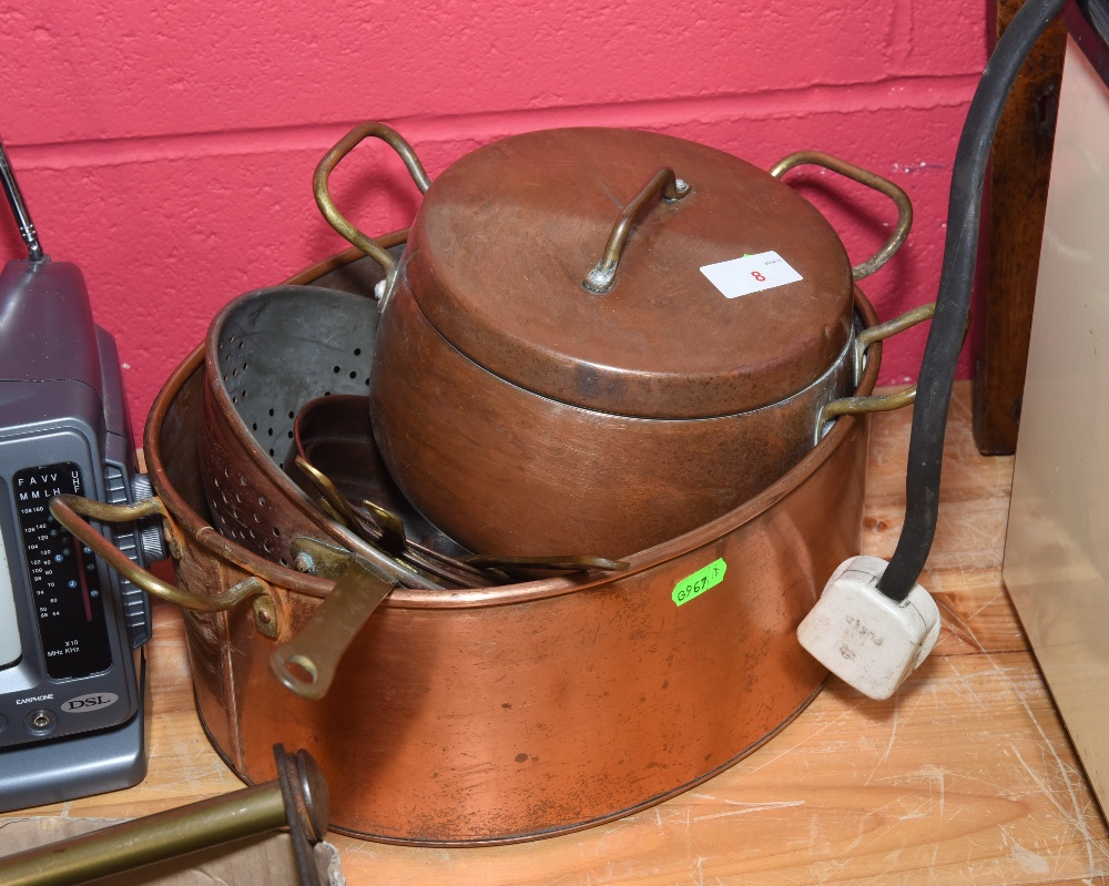A group of copper comprising: twin handled pan; lidded pot; four various strainers (6)