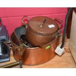 A group of copper comprising: twin handled pan; lidded pot; four various strainers (6)