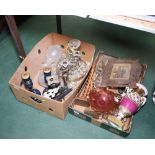 Two boxes inc. carnival glass dish, 19th century turned wooden candlesticks, lustre drop ceiling