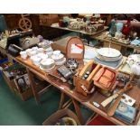 Three trays inc. collectables, vintage camera equipment, a Paragon Malandi pattern tea service,