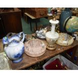 Two marble glass shades; tog. with a modern table lamp and a 19th century jug (a/f)