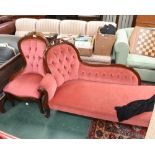 A mahogany framed parlour suite in the French taste comprising ladies chair and chaise longue