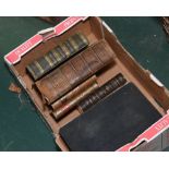 A box of books inc. 19th Century and later gilt tooled leather novels