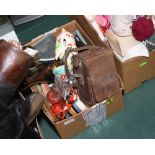 A box inc. a vintage volt meter in a leather case, a studio pottery vase, a piggy bank etc