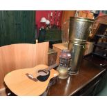 An oil lamp, brass jardiniere and an acoustic guitar